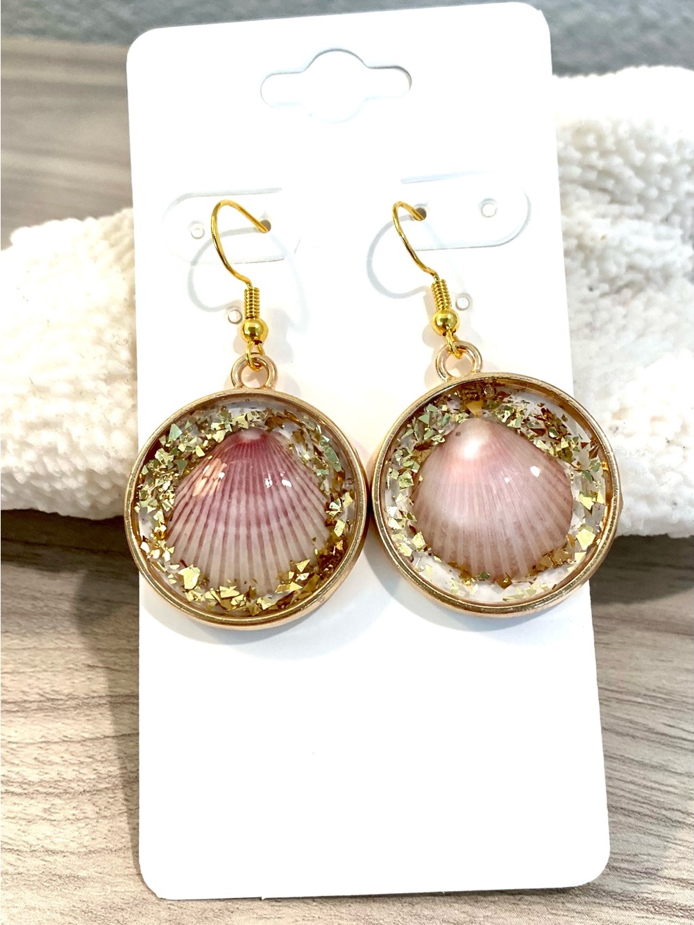 70. Sanibel calico scallop Shell Drop Earrings with gold flake glitter